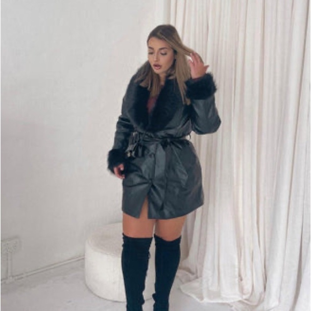 Peppermayo Black Faux Leather Belted Coat